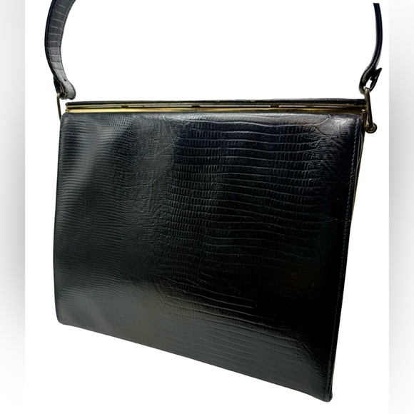 Vintage Black Leather Kelly Bag Reptile Embossed Structured Handbag - Picture 9 of 10